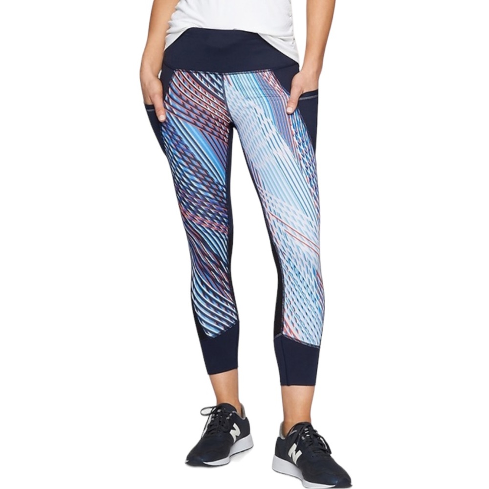 Athleta MOSAIC RELAY CAPRI 2.0 w/ Side Pockets Navy Blue Leggings Womens Size XS